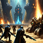**Prompt:** A squad of Dark Templars warping into a Protoss base's mineral line, workers fleeing in panic, with a few Photon Cannons firing wildly, digital painting, cinematic lighting.