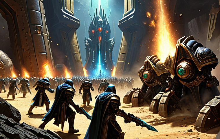 **Prompt:** A squad of Dark Templars warping into a Protoss base's mineral line, workers fleeing in panic, with a few Photon Cannons firing wildly, digital painting, cinematic lighting.